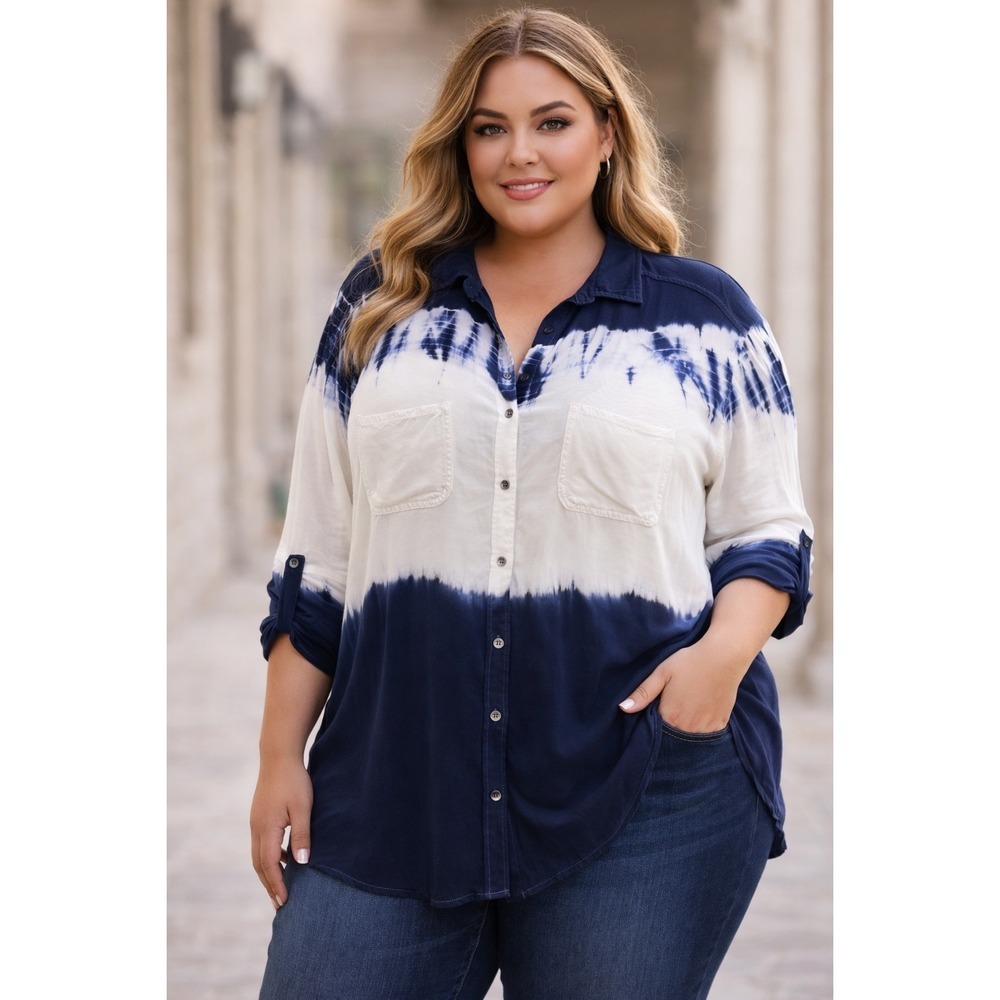 Rock & Republic Tie Dye Button Up Shirt Womens XXL Blue White Roll Tab Sleeve‎